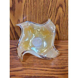 Vintage Hand-Blown Murano-Style Amber Glass Bowl With Freeform Ruffled Edges